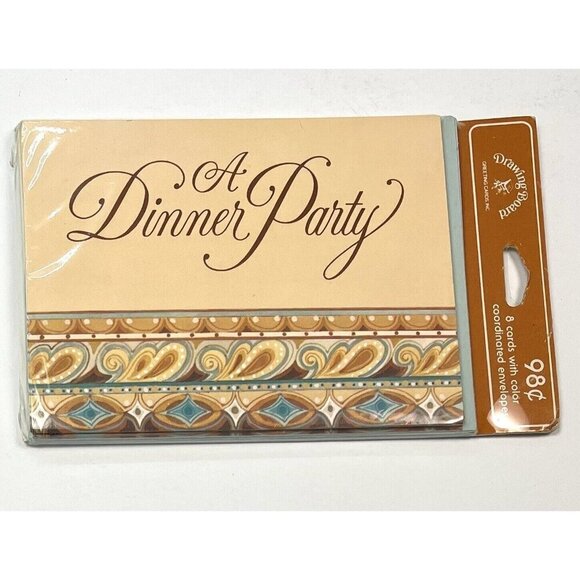 VTG 8pk DRAWING BOARD A Dinner Party INVITATIONS & Envelopes Beige/Aqua Paisley - Picture 1 of 2